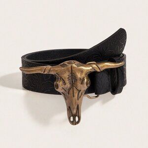 Western Cowgirl Style Black Belt with Antique Gold Buckle